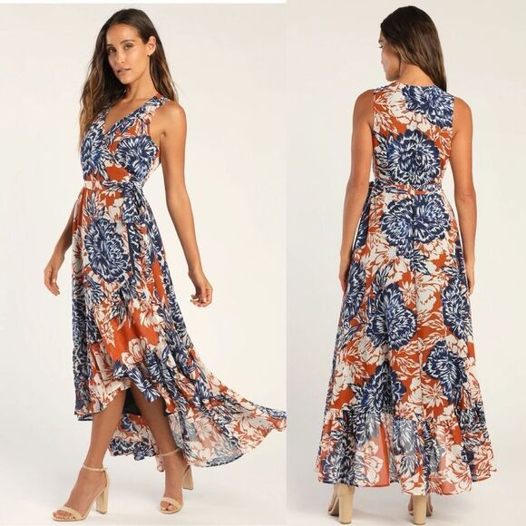 Lulus Dresses & Skirts - Lulus Summer's End Rust Orange Floral Print High-Low Maxi Wrap Dress Medium